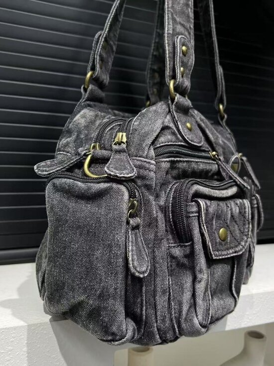 None Handbags - Y2K Acid Wash Denim Studded Multi Pocket Shoulder Bag